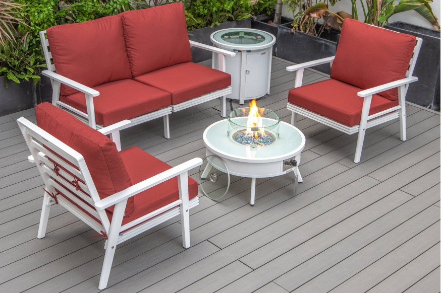 LeisureMod™ Walbrooke Modern White Patio Conversation With Round Fire Pit & Tank Holder - Red