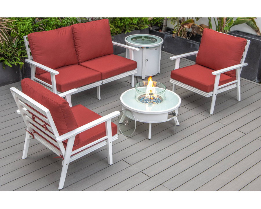 LeisureMod Walbrooke Modern White Patio Conversation With Round Fire Pit & Tank Holder - Red