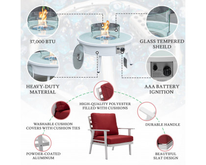 LeisureMod™ Walbrooke Modern White Patio Conversation With Round Fire Pit & Tank Holder - Red