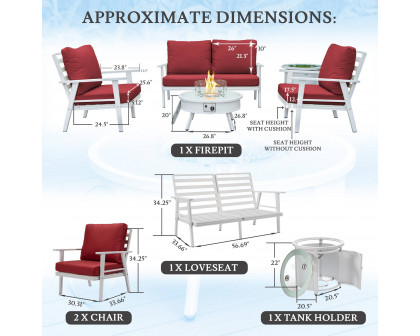 LeisureMod™ Walbrooke Modern White Patio Conversation With Round Fire Pit & Tank Holder - Red