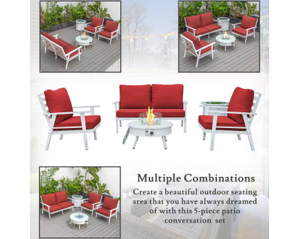 LeisureMod™ Walbrooke Modern White Patio Conversation With Round Fire Pit & Tank Holder - Red