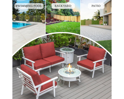 LeisureMod™ Walbrooke Modern White Patio Conversation With Round Fire Pit & Tank Holder - Red