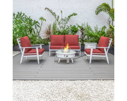 LeisureMod™ Walbrooke Modern White Patio Conversation With Round Fire Pit & Tank Holder - Red