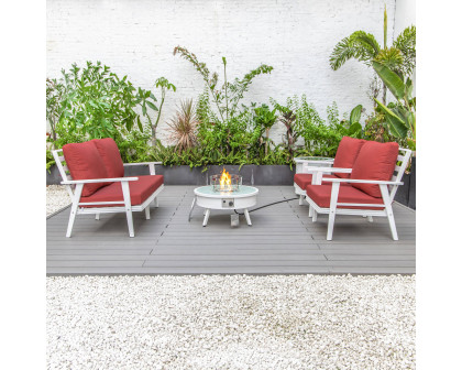 LeisureMod™ Walbrooke Modern White Patio Conversation With Round Fire Pit & Tank Holder - Red