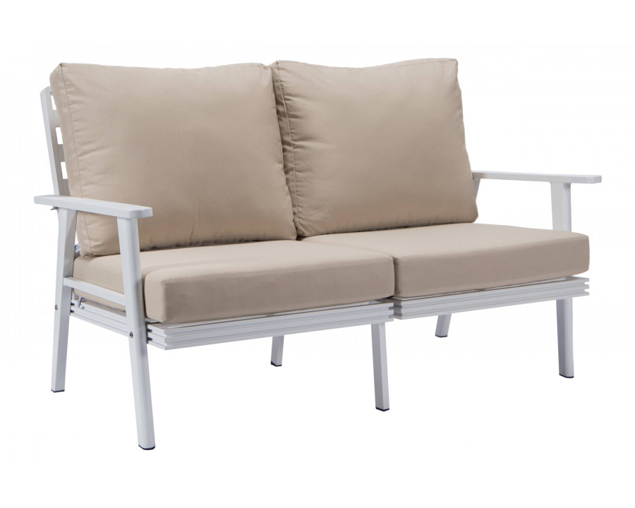 LeisureMod Walbrooke Modern Outdoor Patio Loveseat with White Aluminum Frame and Removable Cushions - Beige