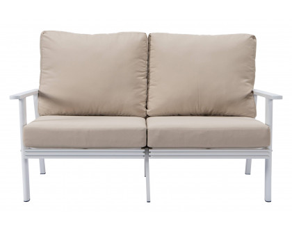 LeisureMod Walbrooke Modern Outdoor Patio Loveseat with White Aluminum Frame and Removable Cushions - Beige