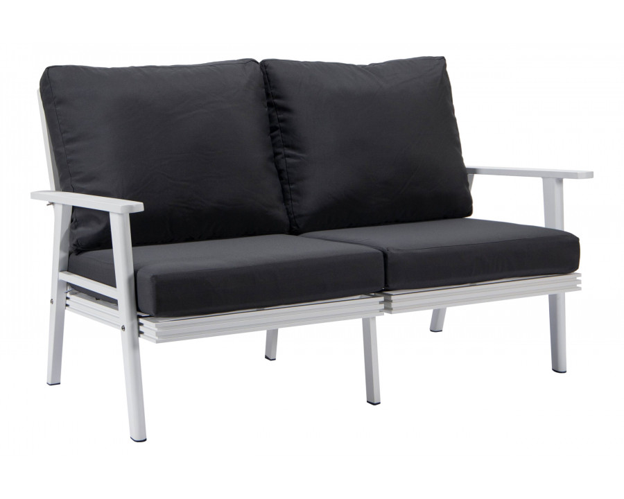 LeisureMod Walbrooke Modern Outdoor Patio Loveseat with White Aluminum Frame and Removable Cushions - Charcoal