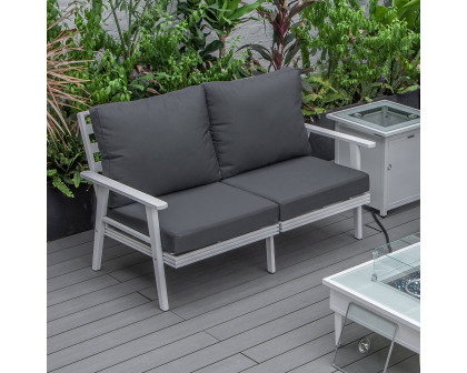 LeisureMod Walbrooke Modern Outdoor Patio Loveseat with White Aluminum Frame and Removable Cushions - Charcoal