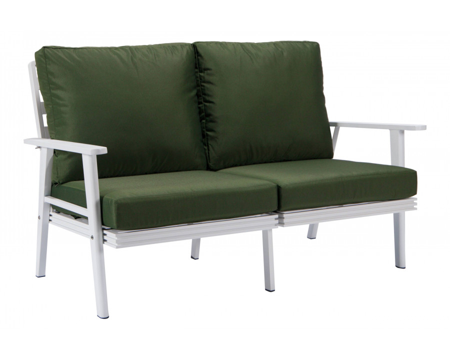 LeisureMod Walbrooke Modern Outdoor Patio Loveseat with White Aluminum Frame and Removable Cushions - Green