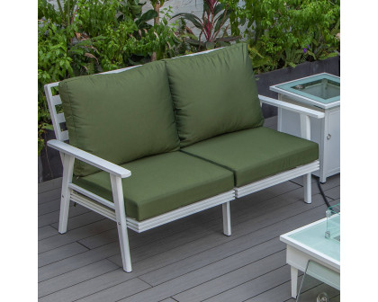 LeisureMod Walbrooke Modern Outdoor Patio Loveseat with White Aluminum Frame and Removable Cushions - Green