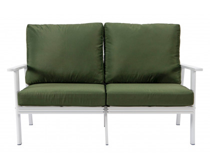 LeisureMod Walbrooke Modern Outdoor Patio Loveseat with White Aluminum Frame and Removable Cushions - Green