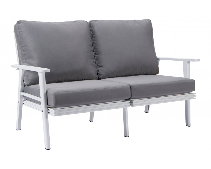 LeisureMod Walbrooke Modern Outdoor Patio Loveseat with White Aluminum Frame and Removable Cushions - Gray