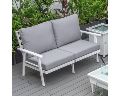 LeisureMod Walbrooke Modern Outdoor Patio Loveseat with White Aluminum Frame and Removable Cushions - Gray