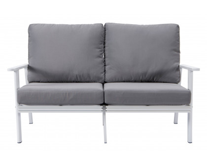 LeisureMod Walbrooke Modern Outdoor Patio Loveseat with White Aluminum Frame and Removable Cushions - Gray