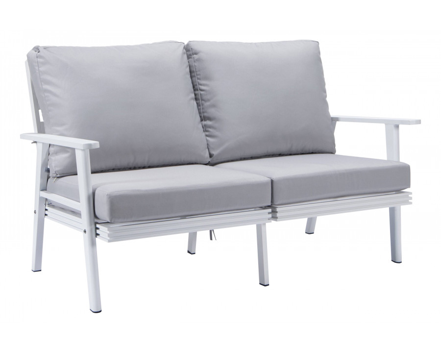 LeisureMod Walbrooke Modern Outdoor Patio Loveseat with White Aluminum Frame and Removable Cushions - Light Gray