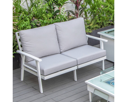 LeisureMod Walbrooke Modern Outdoor Patio Loveseat with White Aluminum Frame and Removable Cushions - Light Gray