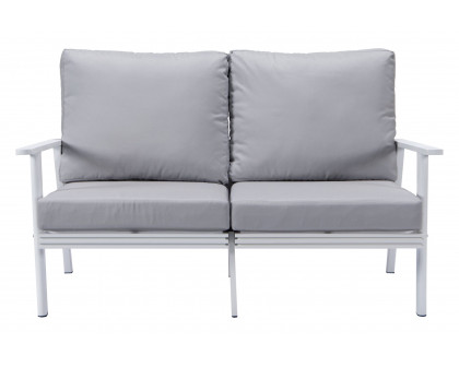 LeisureMod Walbrooke Modern Outdoor Patio Loveseat with White Aluminum Frame and Removable Cushions - Light Gray