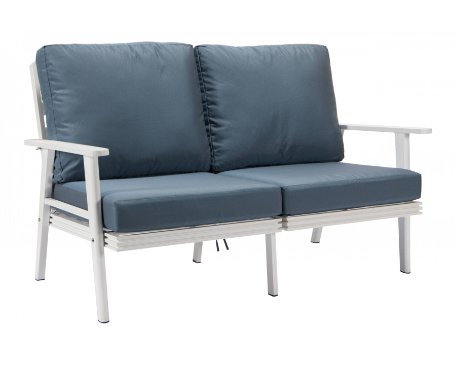 LeisureMod Walbrooke Modern Outdoor Patio Loveseat with White Aluminum Frame and Removable Cushions - Navy Blue