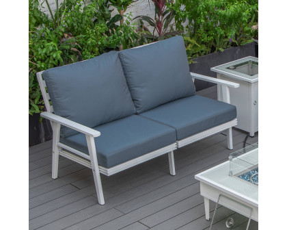 LeisureMod Walbrooke Modern Outdoor Patio Loveseat with White Aluminum Frame and Removable Cushions - Navy Blue