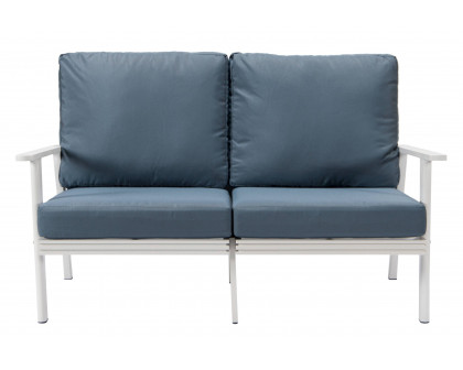 LeisureMod Walbrooke Modern Outdoor Patio Loveseat with White Aluminum Frame and Removable Cushions - Navy Blue