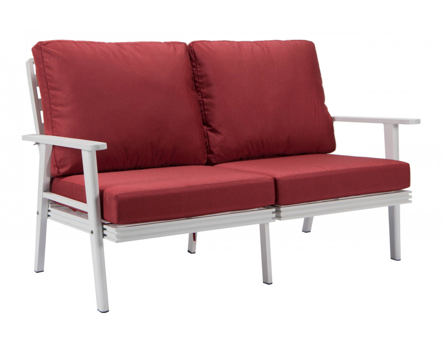 LeisureMod Walbrooke Modern Outdoor Patio Loveseat with White Aluminum Frame and Removable Cushions - Red