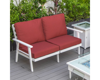 LeisureMod Walbrooke Modern Outdoor Patio Loveseat with White Aluminum Frame and Removable Cushions - Red