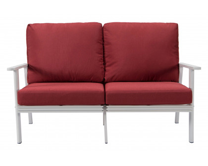 LeisureMod Walbrooke Modern Outdoor Patio Loveseat with White Aluminum Frame and Removable Cushions - Red