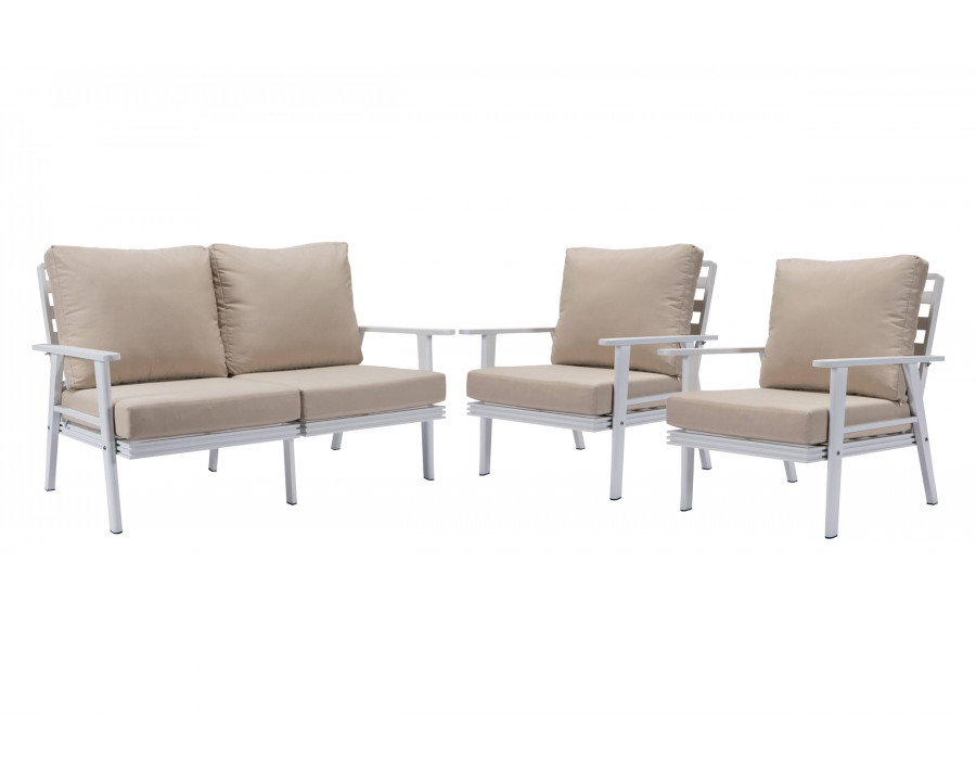 LeisureMod Walbrooke Modern 3-Piece Outdoor Patio Set with White Aluminum Frame - Beige