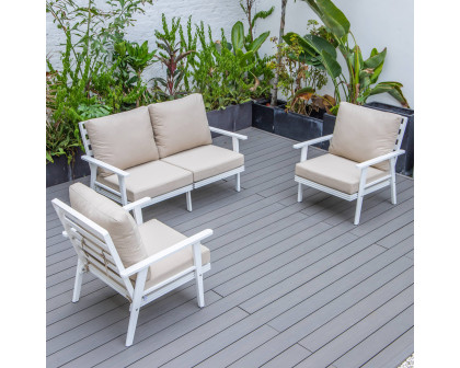 LeisureMod Walbrooke Modern 3-Piece Outdoor Patio Set with White Aluminum Frame - Beige