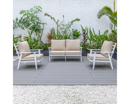 LeisureMod Walbrooke Modern 3-Piece Outdoor Patio Set with White Aluminum Frame - Beige