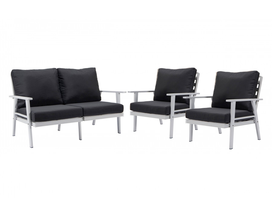 LeisureMod Walbrooke Modern 3-Piece Outdoor Patio Set with White Aluminum Frame - Charcoal