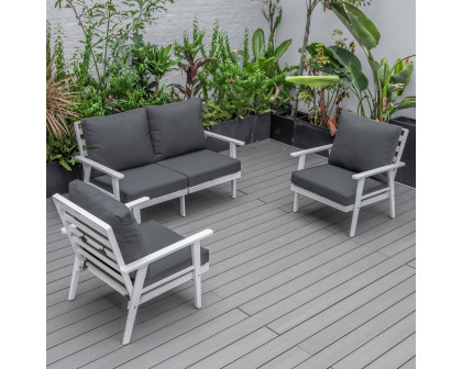 LeisureMod Walbrooke Modern 3-Piece Outdoor Patio Set with White Aluminum Frame - Charcoal