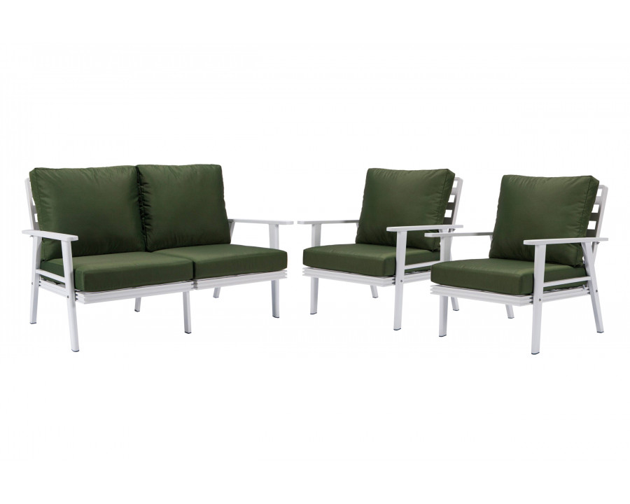 LeisureMod Walbrooke Modern 3-Piece Outdoor Patio Set with White Aluminum Frame - Green