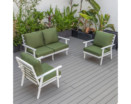 LeisureMod Walbrooke Modern 3-Piece Outdoor Patio Set with White Aluminum Frame - Green