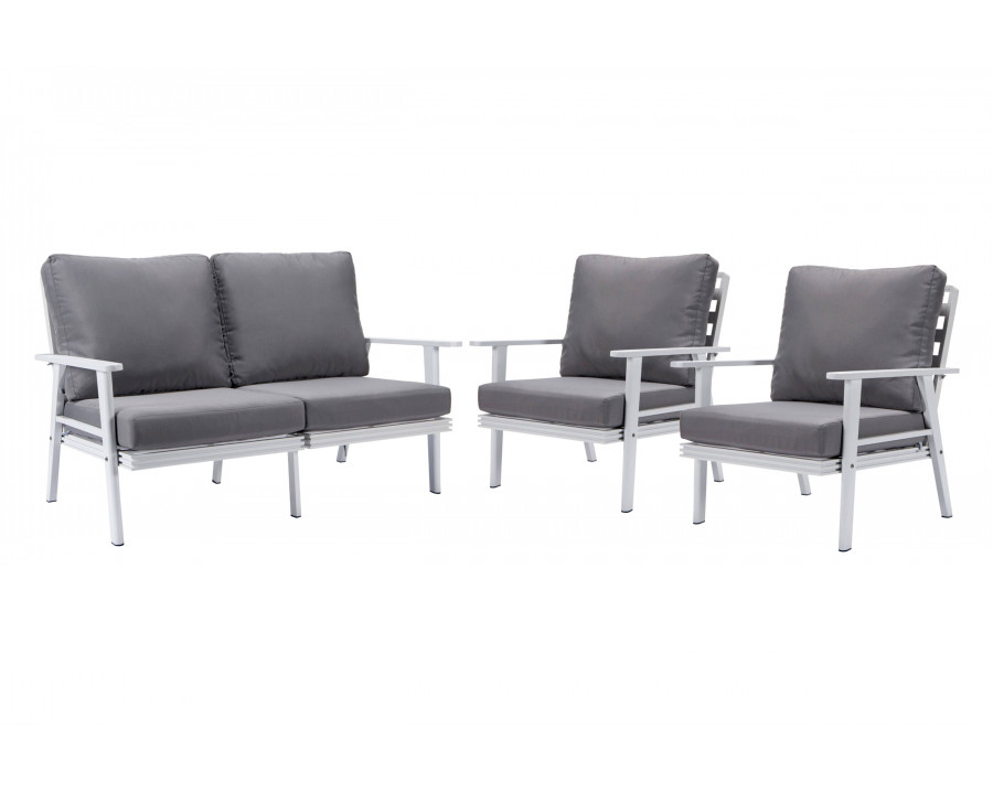 LeisureMod Walbrooke Modern 3-Piece Outdoor Patio Set with White Aluminum Frame - Gray