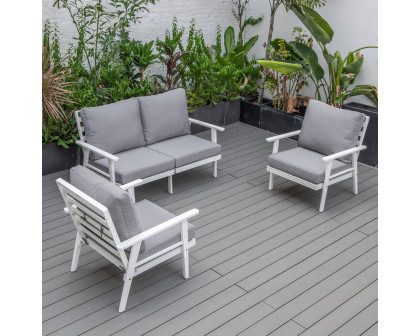 LeisureMod Walbrooke Modern 3-Piece Outdoor Patio Set with White Aluminum Frame - Gray