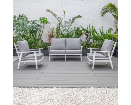 LeisureMod Walbrooke Modern 3-Piece Outdoor Patio Set with White Aluminum Frame - Gray