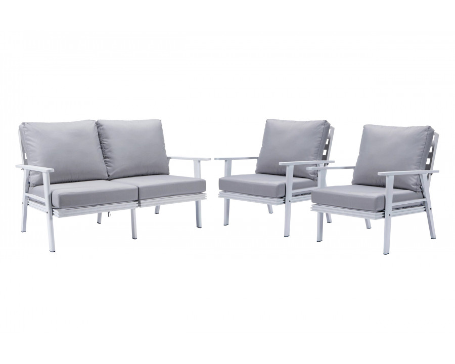 LeisureMod Walbrooke Modern 3-Piece Outdoor Patio Set with White Aluminum Frame - Light Gray