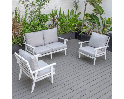 LeisureMod Walbrooke Modern 3-Piece Outdoor Patio Set with White Aluminum Frame - Light Gray