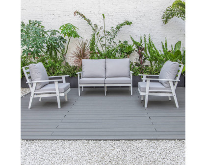 LeisureMod Walbrooke Modern 3-Piece Outdoor Patio Set with White Aluminum Frame - Light Gray