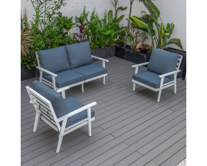 LeisureMod Walbrooke Modern 3-Piece Outdoor Patio Set with White Aluminum Frame - Navy Blue