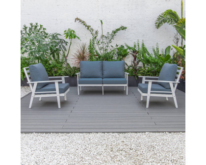 LeisureMod Walbrooke Modern 3-Piece Outdoor Patio Set with White Aluminum Frame - Navy Blue