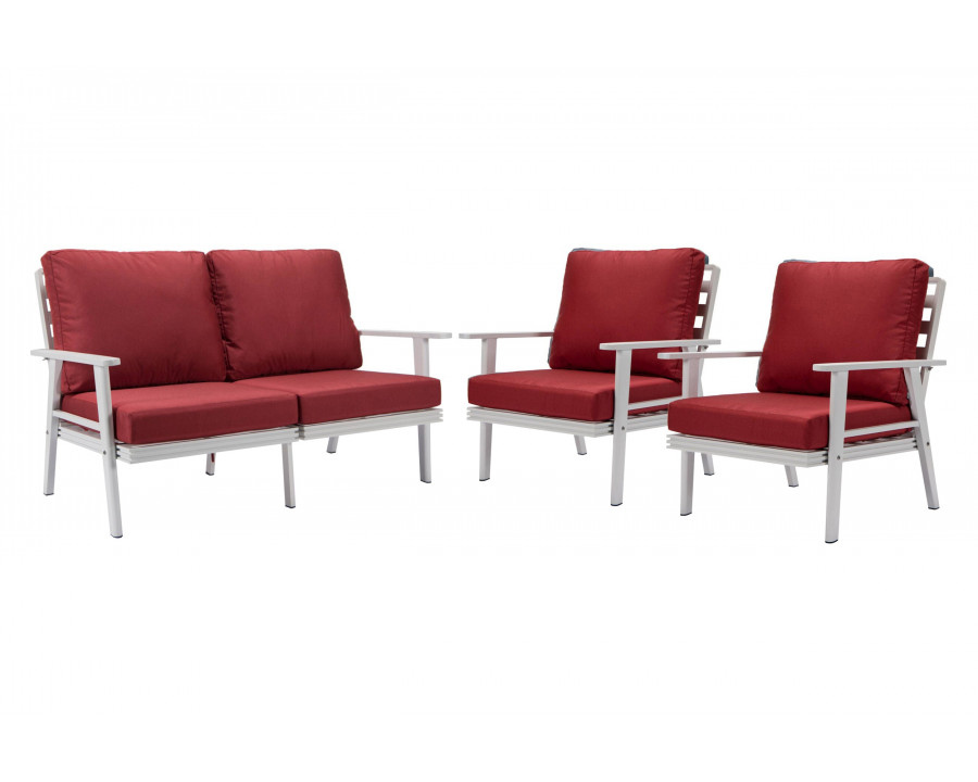 LeisureMod Walbrooke Modern 3-Piece Outdoor Patio Set with White Aluminum Frame - Red