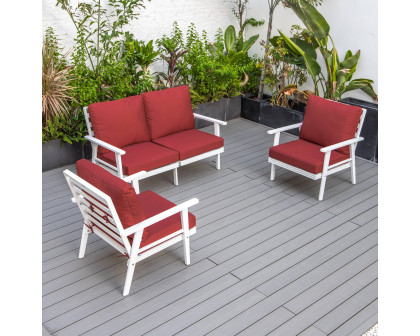 LeisureMod Walbrooke Modern 3-Piece Outdoor Patio Set with White Aluminum Frame - Red