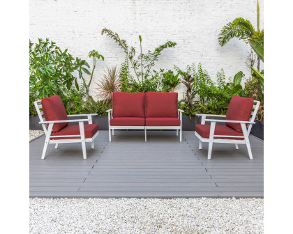 LeisureMod Walbrooke Modern 3-Piece Outdoor Patio Set with White Aluminum Frame - Red