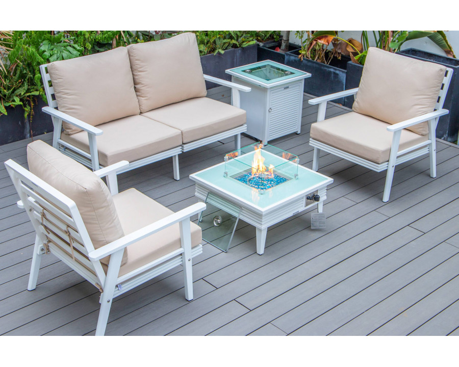 LeisureMod Walbrooke Modern White Patio Conversation With Square Fire Pit With Slats Design & Tank Holder - Beige