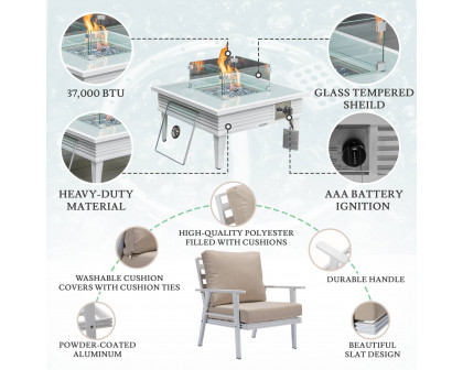 LeisureMod Walbrooke Modern White Patio Conversation With Square Fire Pit With Slats Design & Tank Holder - Beige