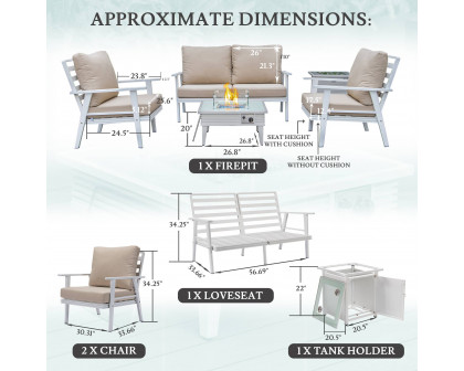 LeisureMod Walbrooke Modern White Patio Conversation With Square Fire Pit With Slats Design & Tank Holder - Beige