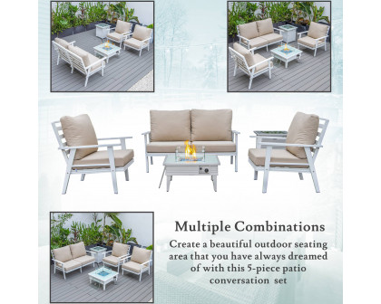 LeisureMod Walbrooke Modern White Patio Conversation With Square Fire Pit With Slats Design & Tank Holder - Beige