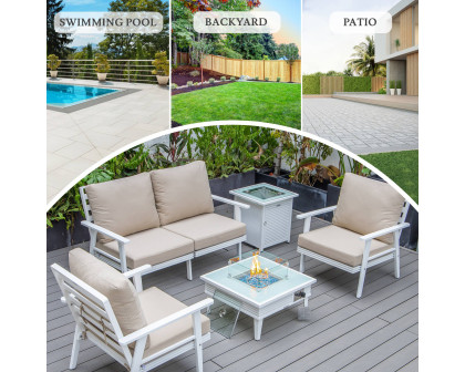 LeisureMod Walbrooke Modern White Patio Conversation With Square Fire Pit With Slats Design & Tank Holder - Beige